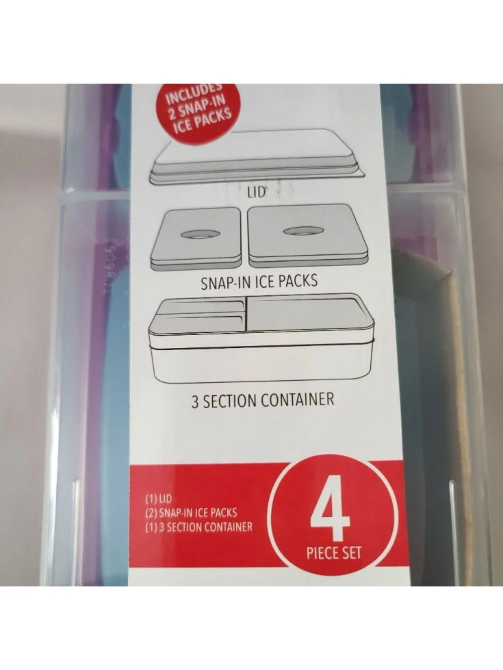 Fit & Fresh 4 Pc Bento Lunch Box 2 Snap In Ice Packs 3 Section Container Lid NEW